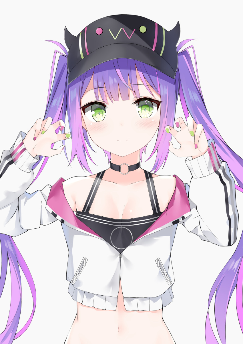 1girl absurdres bare_shoulders black_headwear choker claw_pose collarbone crop_top cropped_jacket fuyuki030 green_eyes hands_up highres hololive jacket long_hair long_sleeves looking_at_viewer midriff multicolored multicolored_nails nail_polish navel purple_hair simple_background smile solo stomach tokoyami_towa twintails upper_body very_long_hair virtual_youtuber white_background white_jacket