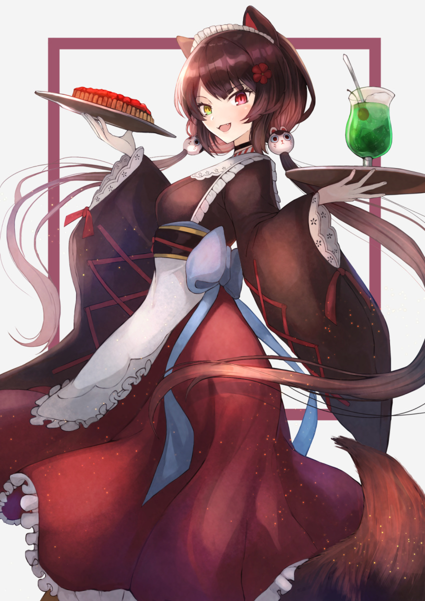 1girl animal_ears apron bangs black_hair blush commentary_request dog_ears dog_hair_ornament drink eyebrows_visible_through_hair flower hair_flower hair_ornament heterochromia highres holding holding_plate inui_toko japanese_clothes kimono long_hair long_sleeves maid_headdress nijisanji ohako_(ohako1818) open_mouth plate red_eyes smile solo strawberry_cake twintails very_long_hair virtual_youtuber white_apron yellow_eyes