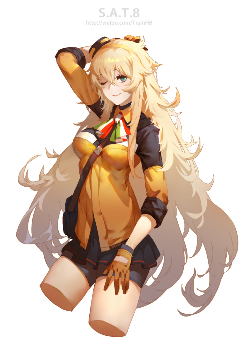 1girl arm_up artist_name bag bangs belt blonde_hair blush breasts character_name closed_mouth collar girls_frontline gloves green_eyes hair_between_eyes hair_ornament hairband highres italian_flag jacket lips long_hair looking_at_viewer messy_hair neckwear one_eye_closed orange_hairband s.a.t.8_(girls_frontline) shorts sidelocks simple_background skirt smile solo strap train_hb very_long_hair weibo_username white_background