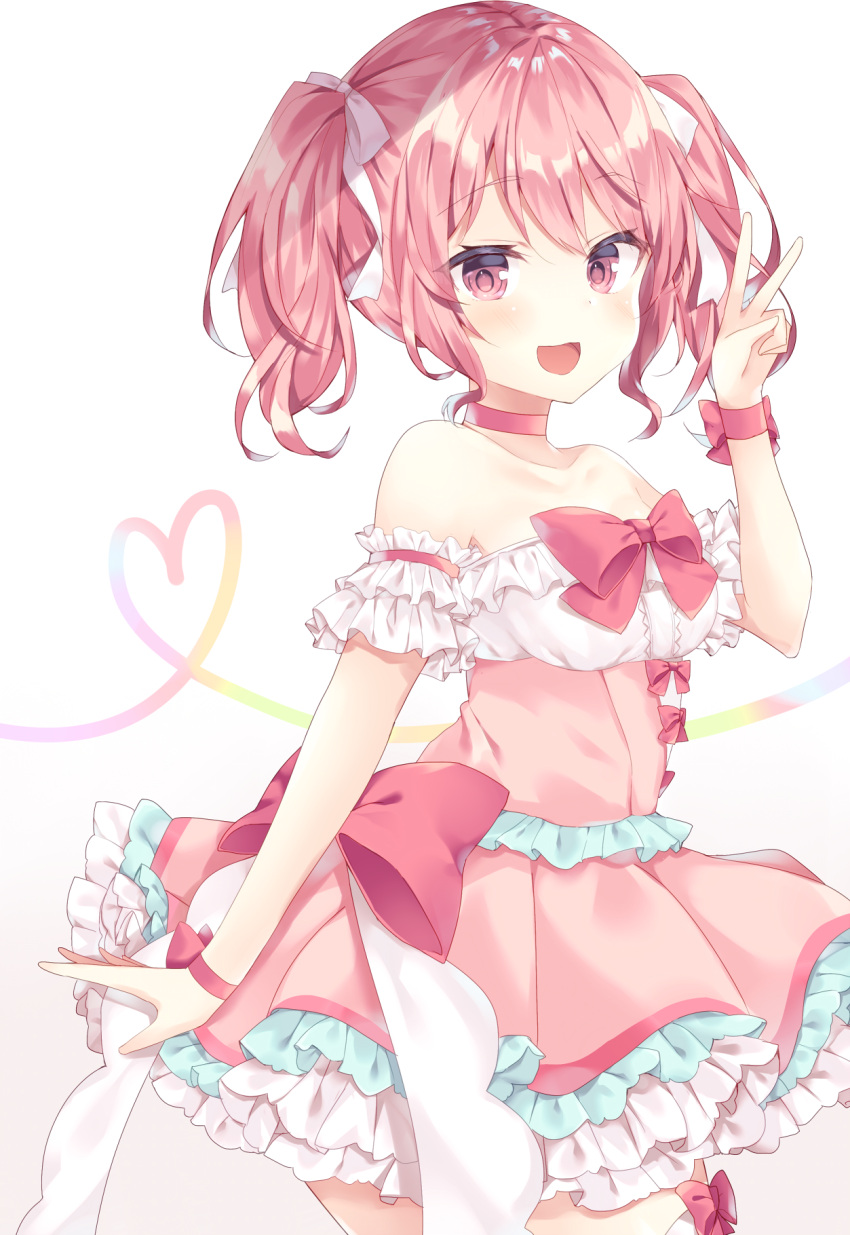 1girl :d bang_dream! bangs bare_shoulders blush bow breasts choker collarbone detached_sleeves dress eyebrows_visible_through_hair frilled_dress frills gradient gradient_background grey_background hair_bow hand_up heart highres komomo_(ptkrx) looking_at_viewer maruyama_aya open_mouth pink_bow pink_choker pink_dress pink_hair pleated_dress red_eyes sidelocks small_breasts smile solo strapless strapless_dress twintails v white_background white_bow wrist_bow