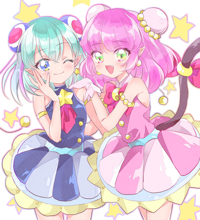 2girls ;) antennae aqua_hair armlet bangs bare_legs bare_shoulders blue_dress blue_eyes blunt_bangs blush bow bowtie bun_cover cat_tail close-up closed_mouth cowboy_shot double_bun dress earrings eyebrows_visible_through_hair fang gloves green_eyes hagoromo_lala hair_between_eyes hair_ornament hand_on_another's_shoulder hand_on_own_face heart heart_hair_ornament highres idol jewelry long_hair looking_at_viewer mao_(precure) multicolored multicolored_eyes multicolored_hair multiple_girls nail_polish one_eye_closed open_mouth pearl_earrings pink_dress pink_eyes pink_hair pointy_ears precure prussian_blue rainbow_skirt shiny shiny_skin short_hair simple_background sleeveless sleeveless_dress smile star star-shaped_pupils star_earrings star_in_eye star_twinkle_precure starry_background streaked_hair symbol-shaped_pupils symbol_in_eye tail tail_bow white_background white_gloves yellow_eyes yuni_(precure)