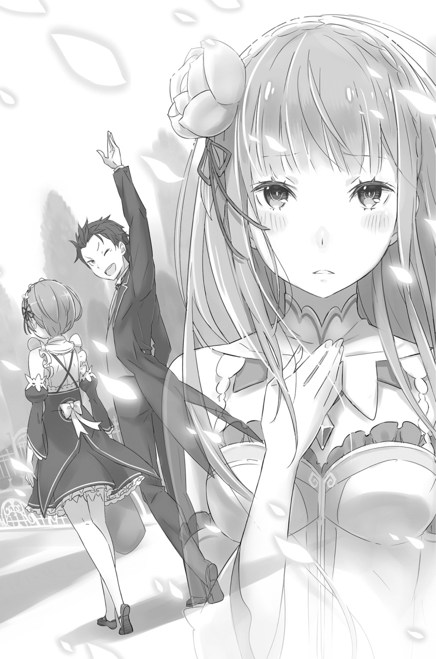 1boy 2girls ;d arm_up back_bow bangs blush bow breasts detached_sleeves emilia_(re:zero) eyebrows_visible_through_hair floating_hair flower frilled_skirt frills greyscale hair_flower hair_ornament hair_ribbon highres jacket long_hair long_sleeves looking_at_viewer looking_back medium_breasts monochrome multiple_girls natsuki_subaru novel_illustration official_art one_eye_closed ootsuka_shin'ichirou open_mouth pants pantyhose parted_lips re:zero_kara_hajimeru_isekai_seikatsu rem_(re:zero) ribbon skirt smile very_long_hair walking