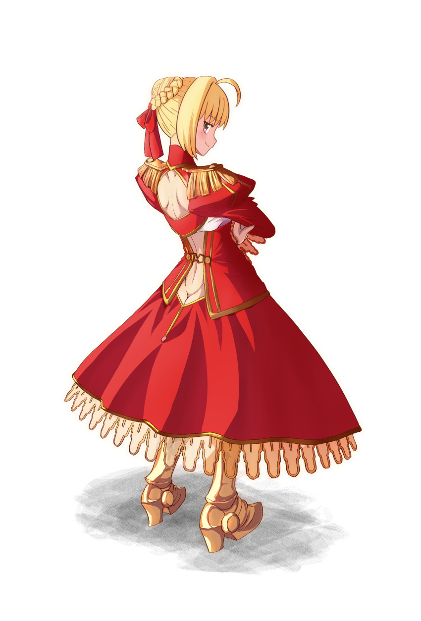 1girl absurdres ahoge armored_boots ass back bangs blonde_hair boots braid butt_crack closed_mouth commentary_request crossed_arms dress epaulettes eyebrows_visible_through_hair fate/extra fate/grand_order fate_(series) french_braid from_behind full_body hair_bun highres long_dress long_sleeves looking_at_viewer looking_back mafty medium_hair nero_claudius_(fate) nero_claudius_(fate)_(all) puffy_sleeves red_dress sideways_glance smile solo standing turtleneck turtleneck_dress