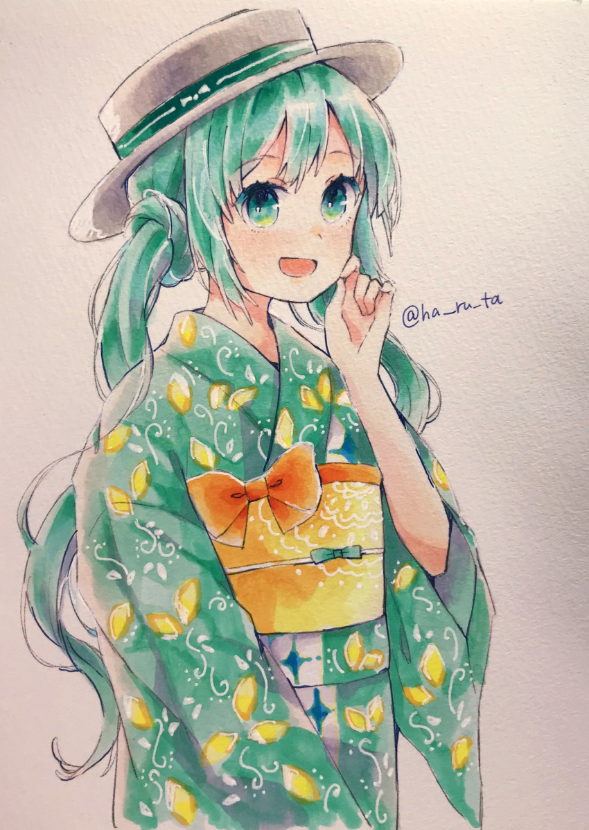 1girl :d absurdres aqua_eyes aqua_hair bow green_kimono haruta_(user_dndp3458) hat hatsune_miku highres japanese_clothes kimono lemon_print long_hair long_sleeves looking_at_viewer obi open_mouth orange_bow sash scratching_cheek smile solo traditional_media twintails twitter_username upper_body vocaloid white_headwear wide_sleeves