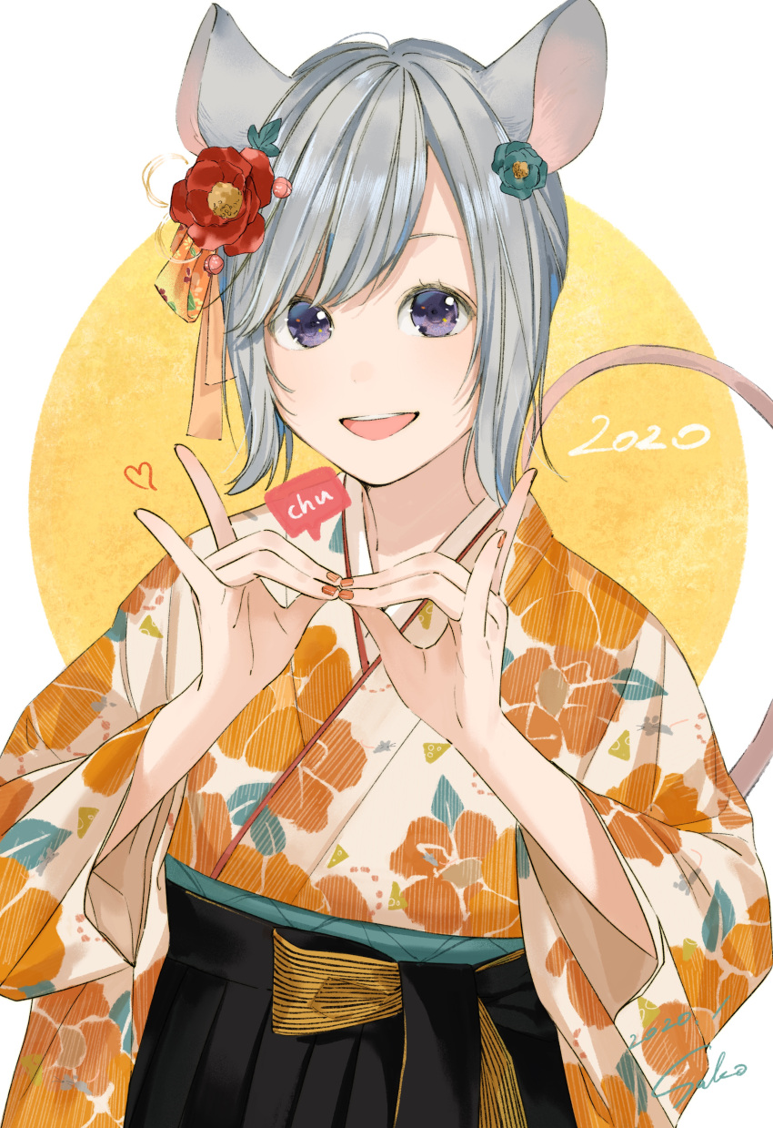 1girl 2020 absurdres animal_ears blue_eyes brown_nails chinese_zodiac floral_print flower green_flower grey_hair hair_flower hair_ornament heart highres japanese_clothes medium_hair mouse_ears mouse_tail open_mouth original red_flower sako_(35s_00) smile tail upper_teeth year_of_the_rat