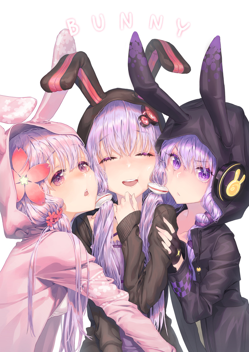 animal_hood black_gloves black_jacket blush bunny_hood cheek-to-cheek closed_eyes dress face-to-face facing_viewer fingerless_gloves flower girl_sandwich gloves hair_between_eyes hair_flower hair_ornament hairpin hand_to_own_mouth happy highres hood hood_up hooded_jacket hug jacket lavender_hair long_hair looking_at_viewer multiple_persona oohhya open_mouth pink_jacket purple_dress purple_hair sandwiched simple_background smile strapless strapless_dress tube_dress twintails upper_teeth violet_eyes vocaloid voiceroid white_background yuzuki_yukari