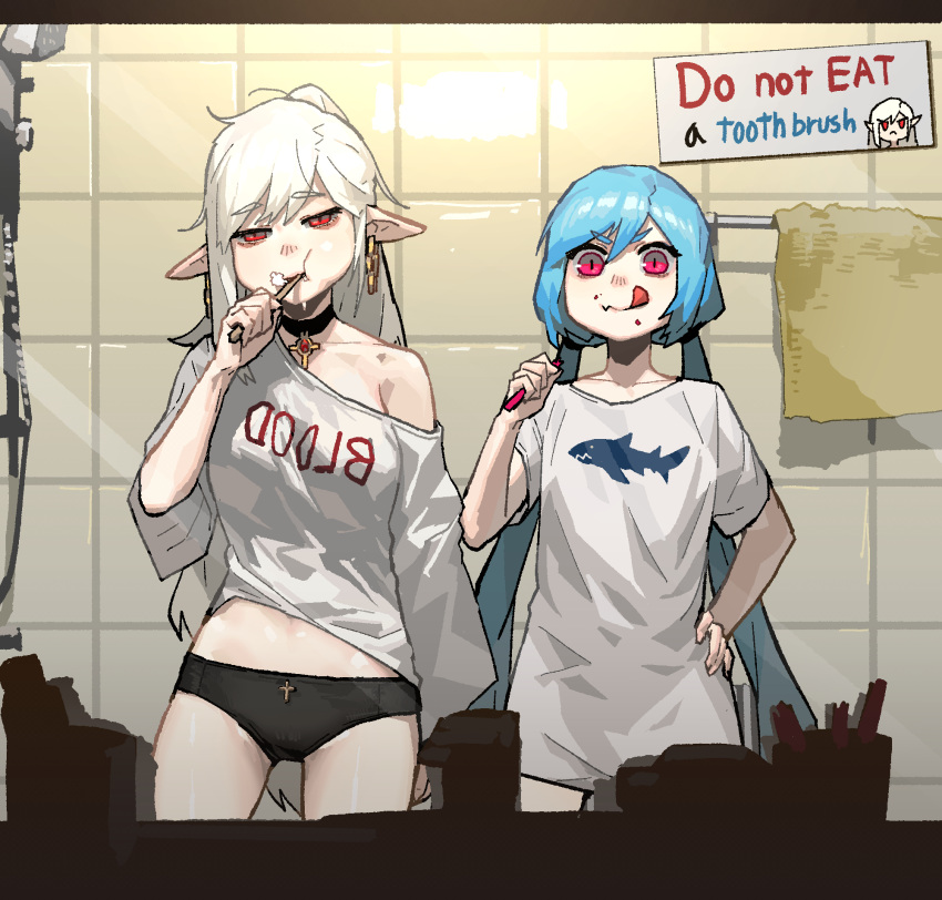 2girls :t black_choker black_panties blue_hair breasts brushing_teeth choker clothes_writing commentary_request cross earrings eating elf english_text failure gogalking hand_on_hip highres jewelry korean_commentary licking_lips long_hair low_twintails mirror_image multiple_girls original pale_skin panties pink_eyes pointy_ears ponytail red_eyes sign silver_hair sleepy slit_pupils small_breasts tongue tongue_out toothbrush twintails underwear very_long_hair
