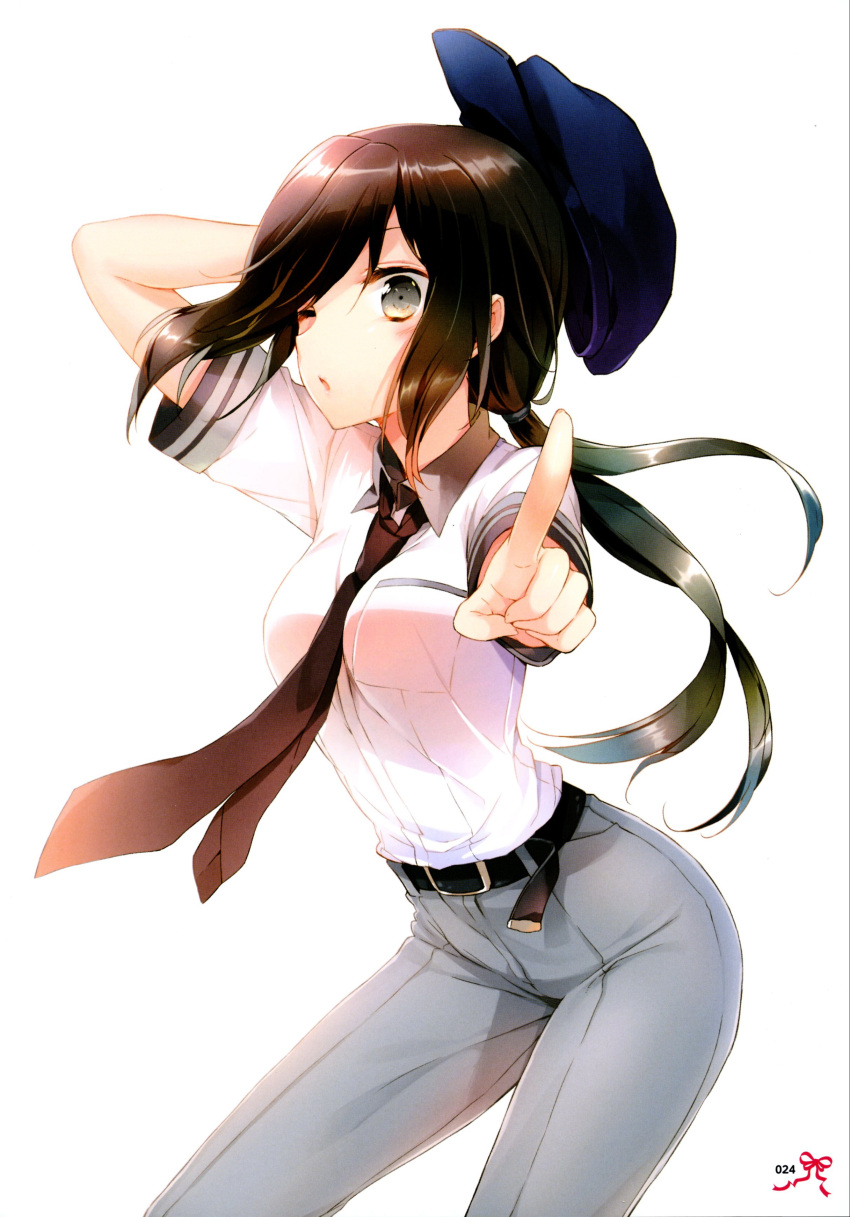 1girl absurdres belt belt_buckle black_belt black_neckwear blue_headwear brown_hair buckle collared_shirt cuteg dress_shirt floating_hair green_eyes grey_pants hand_in_hair highres index_finger_raised kono_naka_ni_hitori_imouto_ga_iru! long_hair looking_at_viewer low_twintails necktie one_eye_closed open_mouth page_number pants shiny shiny_hair shirt short_sleeves simple_background solo standing twintails very_long_hair white_background white_shirt wing_collar