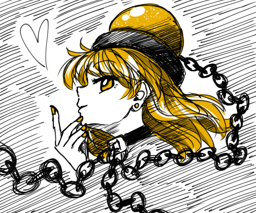 1girl alternate_eye_color alternate_hair_color bangs black_choker chain choker commentary_request earrings eyebrows_visible_through_hair from_side hand_up heart hecatia_lapislazuli highres jewelry long_hair looking_at_viewer nail_polish orange_eyes orange_hair orange_nails polos_crown profile smile solo sonosaki_kazebayashi stud_earrings touhou white_background
