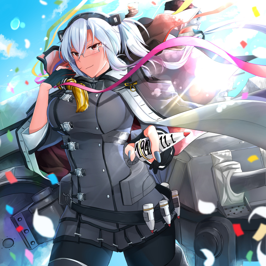 1girl black_legwear blue_sky blush breasts cannon cape cartridge clouds confetti dark_skin day double-breasted floating_hair glasses glint gloves grey_cape grey_jacket grey_nails hair_ribbon headgear highres holding jacket kantai_collection large_breasts light_particles long_hair machinery miniskirt musashi_(kantai_collection) outdoors partly_fingerless_gloves red_eyes remodel_(kantai_collection) ribbon rigging shell_casing skirt sky sleeve_cuffs smokestack standing turret twintails wind yunamaro
