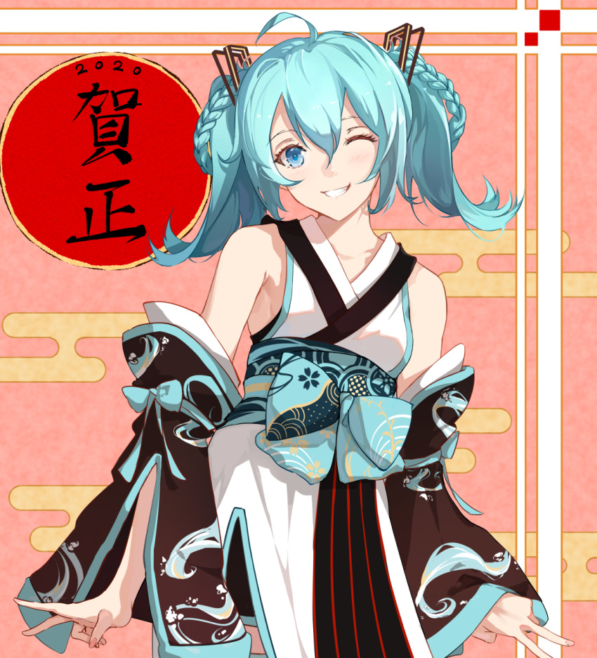 1girl 2020 ahoge bangs bare_shoulders black_sleeves blue_bow blue_eyes blue_hair blush bow braid collarbone commentary_request detached_sleeves egasumi eyebrows_visible_through_hair grin hair_between_eyes hair_ornament hatsune_miku highres japanese_clothes kimono long_sleeves looking_at_viewer nail_polish obi one_eye_closed pink_nails sash sleeveless sleeveless_kimono sleeves_past_wrists smile solo taka_(0taka) translation_request twintails vocaloid wave_print white_kimono