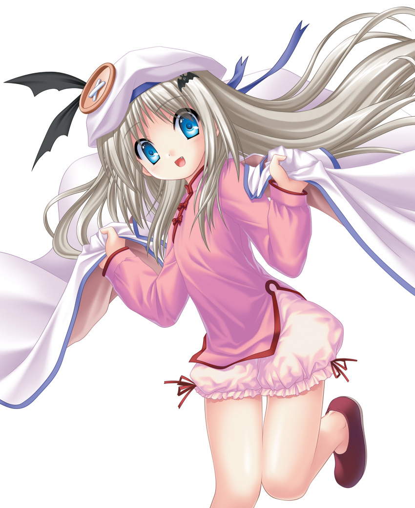 1girl :d bangs bat_hair_ornament blue_eyes blue_ribbon cape chinese_clothes eyebrows_visible_through_hair fang floating_hair hair_between_eyes hair_ornament hat hat_ribbon highres kud_wafter leg_up little_busters!! long_hair long_sleeves looking_at_viewer na-ga noumi_kudryavka official_art open_mouth pink_shirt red_ribbon ribbon shiny shiny_hair shirt short_shorts shorts silver_hair simple_background smile solo standing standing_on_one_leg thigh_gap very_long_hair white_background white_cape white_shorts