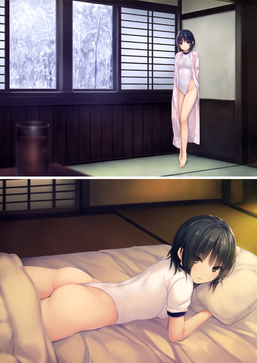 1girl absurdres aoyama_sumika ass bare_thighs barefoot bed_sheet black_hair blue_buruma brown_eyes buruma coffee-kizoku gym_uniform highres japanese_clothes kimono leotard original short_hair swimsuit yukata