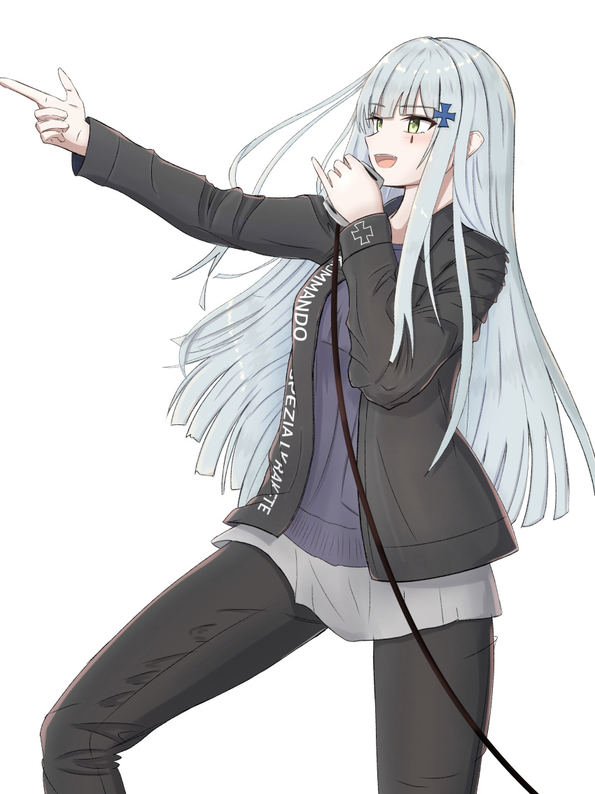 1girl absurdres alternate_costume bangs black_jacket black_pants blunt_bangs cowboy_shot eyebrows_visible_through_hair facial_mark from_side girls_frontline green_eyes hair_ornament highres hk416_(girls_frontline) holding holding_microphone jacket long_hair microphone pants purple_shirt rynn_(user_rkgs8583) shirt silver_hair simple_background solo white_background