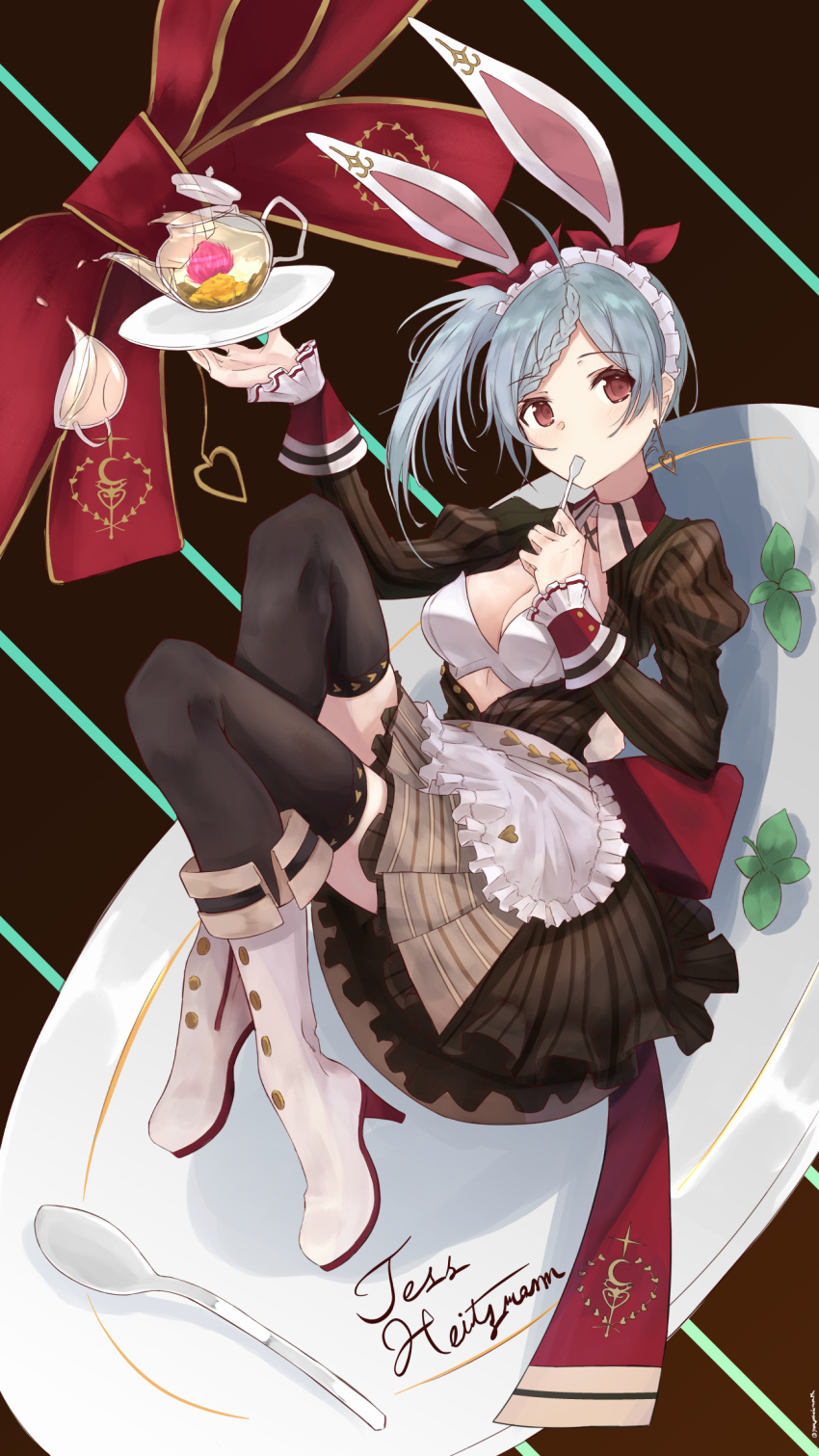 1girl ahoge animal_ears apron atelier_(series) atelier_sophie black_legwear blue_hair boots bow braid breasts brown_background brown_eyes brown_skirt character_name commentary_request cup diagonal-striped_background diagonal_stripes earrings flower heart heart_earrings high_heels highres jewelry knee_boots maid_headdress medium_breasts plate pleated_skirt qmmparabellum rabbit_ears red_bow side_ponytail signature single_earring skirt sleeves_past_wrists solo spoon striped striped_background teacup teapot tess_heitzmann thigh-highs tray waist_apron waitress white_apron