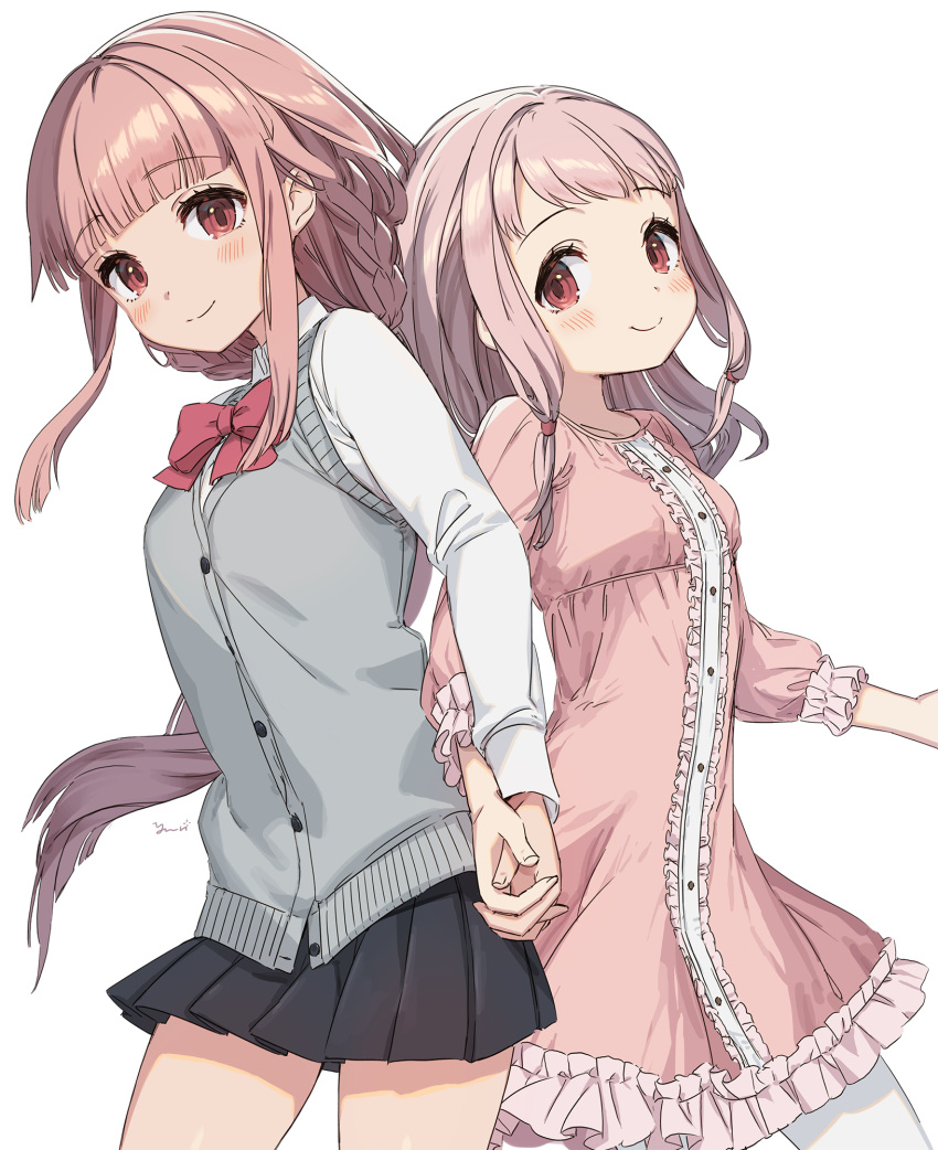 2girls bangs black_skirt blunt_bangs blush bow bowtie breasts cardigan_vest closed_mouth collared_shirt commentary_request dress eyebrows_visible_through_hair frilled_dress frills highres holding_hands long_hair long_sleeves looking_at_viewer magia_record:_mahou_shoujo_madoka_magica_gaiden mahou_shoujo_madoka_magica multiple_girls pink_dress pink_hair pleated_skirt red_eyes red_neckwear shirt siblings sidelocks signature simple_background sisters skirt small_breasts smile tamaki_iroha tamaki_ui very_long_hair white_background white_shirt yu-ri