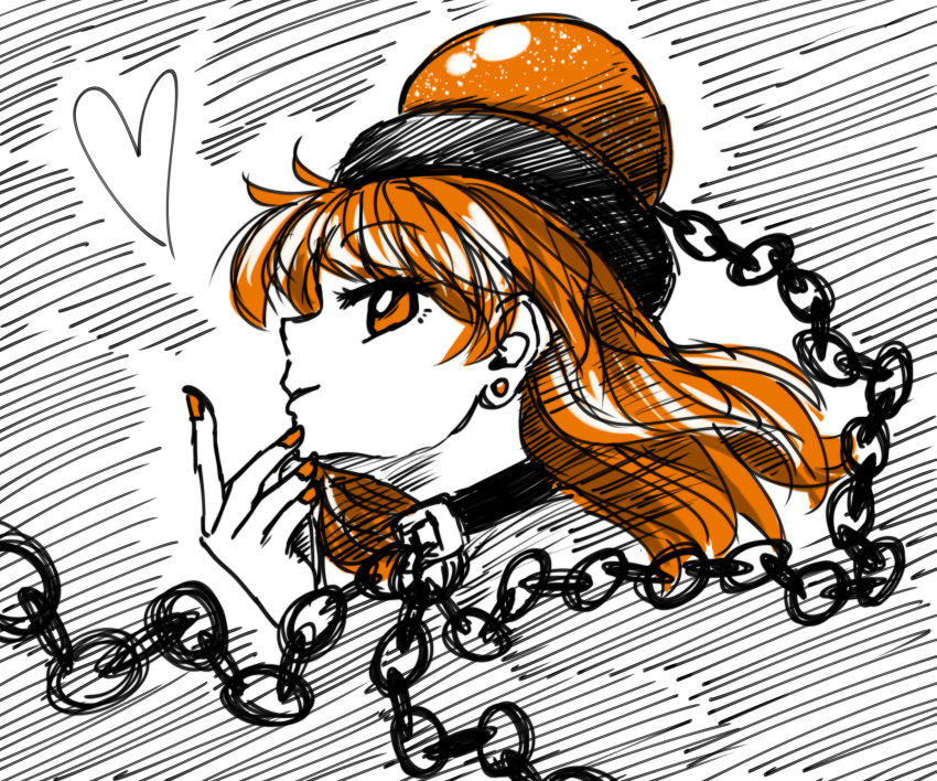 1girl alternate_eye_color alternate_hair_color bangs black_choker chain choker commentary_request earrings eyebrows_visible_through_hair from_side hand_up heart hecatia_lapislazuli highres jewelry long_hair looking_at_viewer nail_polish orange_eyes orange_hair orange_nails polos_crown profile smile solo sonosaki_kazebayashi stud_earrings touhou white_background