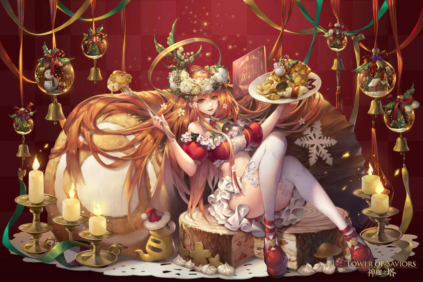 1girl bell breasts brown_eyes brown_hair cake candle candlestand candy christmas convenient_leg copyright_name doily food fork halo head_wreath highres holding holding_fork holding_plate holly long_hair looking_at_viewer madarame_(kagetsu) medium_breasts merry_christmas midriff neck_bell official_art plate red_background red_footwear short_sleeves sitting snow_globe snowflakes sweets thigh-highs tower_of_saviors very_long_hair