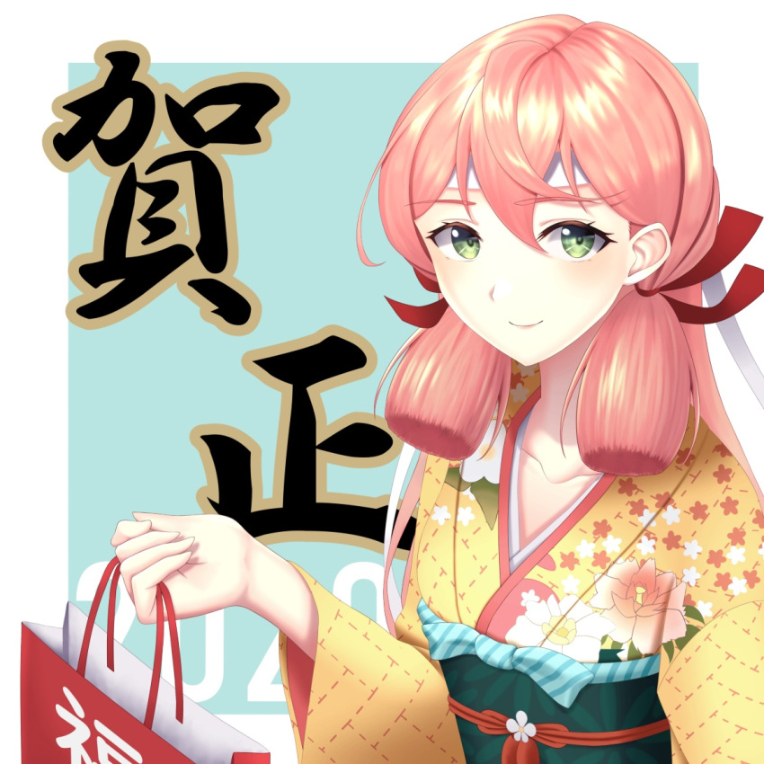 1girl 2020 akashi_(kantai_collection) bag bandana bangs blue_background collarbone commentary_request eyebrows_visible_through_hair floral_print furisode green_eyes hair_ribbon holding holding_bag japanese_clothes kantai_collection kimono long_hair long_sleeves looking_at_viewer mugiaki obi pink_hair ribbon sash shopping_bag smile solo translation_request tress_ribbon upper_body white_bandana yellow_kimono