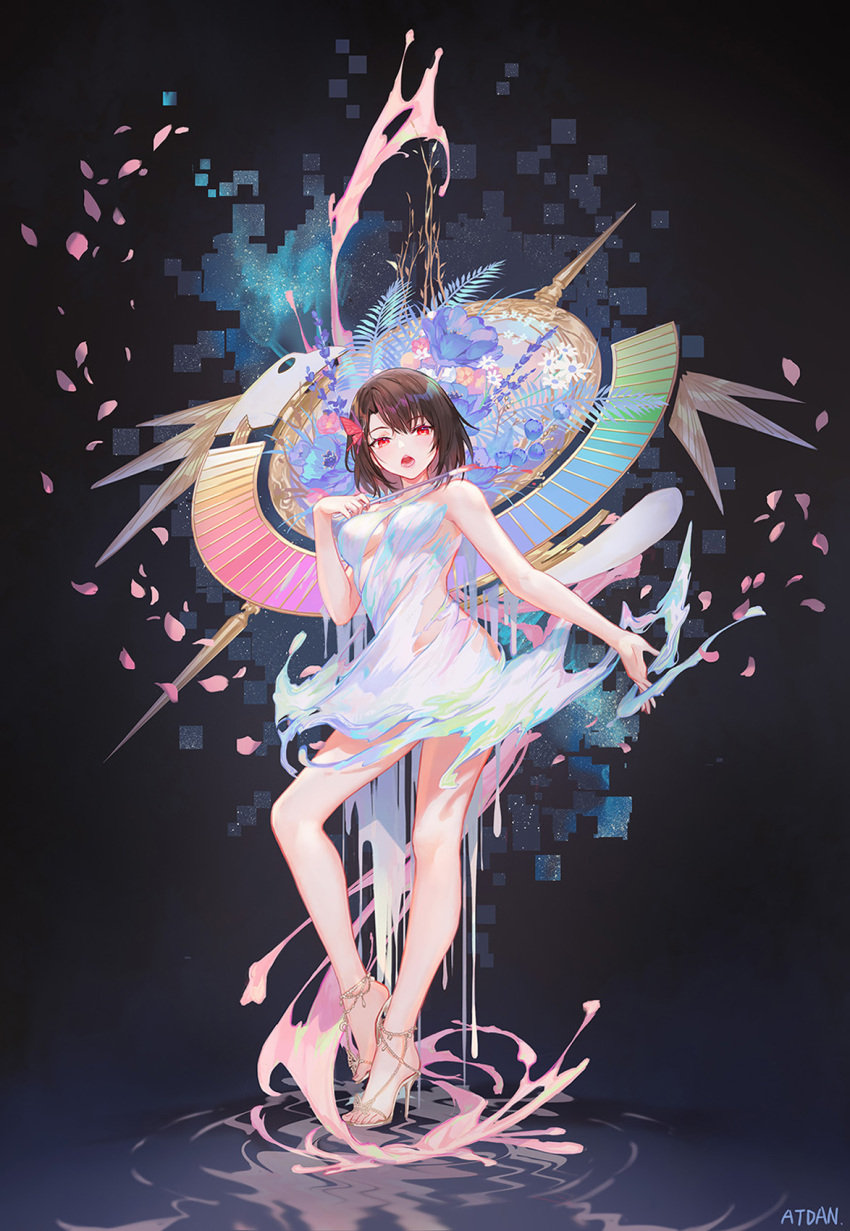 1girl artist_name atdan bare_arms bare_legs bare_shoulders blue_flower breasts brown_eyes brown_hair commentary dress eyebrows_visible_through_hair flower full_body hair_ribbon highres large_breasts looking_at_viewer open_mouth original red_ribbon revision ribbon short_hair solo torn_clothes torn_dress white_dress