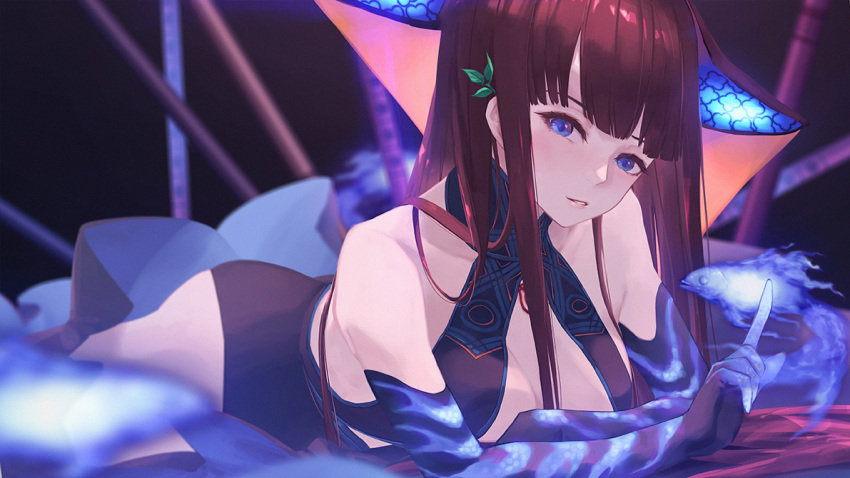 1girl bangs black_dress black_hair blue_eyes blue_fire blunt_bangs breasts chinese_clothes cleavage dress elbow_gloves eyelashes fate/grand_order fate_(series) fire fish gloves hair_ornament jacky5493 leaf_hair_ornament long_hair looking_at_viewer lying on_stomach pipa_(instrument) yang_guifei_(fate/grand_order)