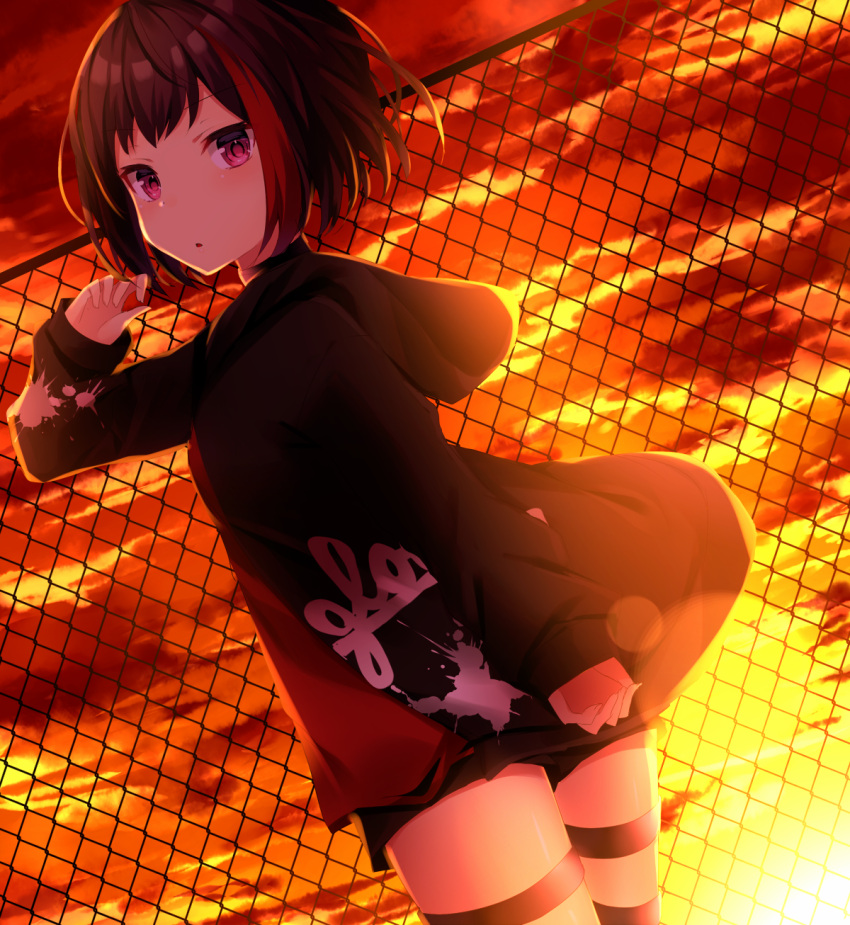 1girl bang_dream! bangs black_choker black_hair black_jacket black_shorts chain-link_fence choker clouds cloudy_sky dutch_angle eyebrows_visible_through_hair fence highres hood hood_down hooded_jacket jacket komomo_(ptkrx) long_sleeves looking_at_viewer looking_to_the_side mitake_ran multicolored_hair open_clothes open_jacket parted_lips red_eyes red_shirt redhead shirt short_hair short_shorts shorts sky solo streaked_hair sunset thigh_strap