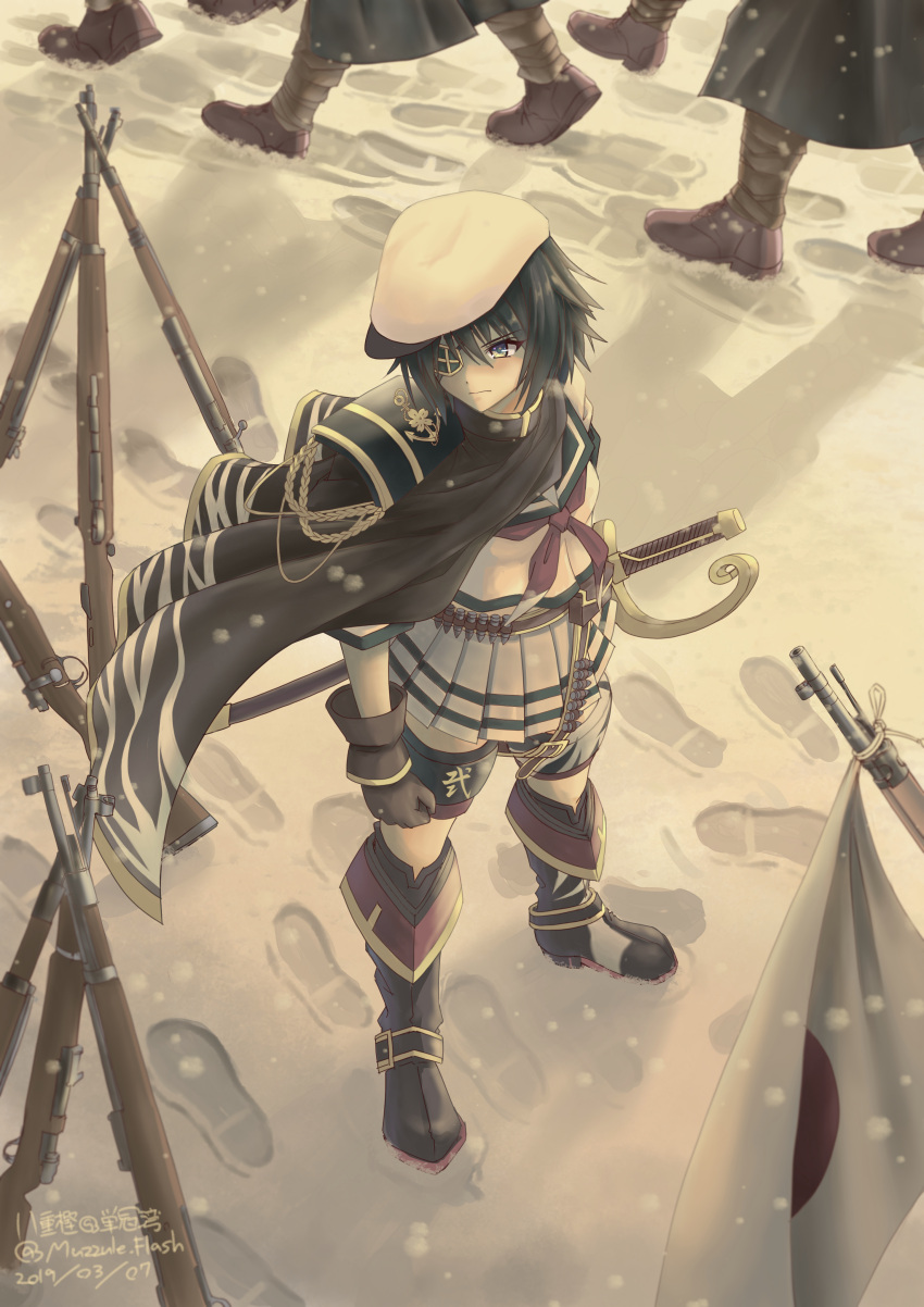 1girl absurdres bangs black_hair blush boots breasts brown_gloves cape closed_mouth dated eyepatch flag footprints gloves hat highres japanese_flag kantai_collection kiso_(kantai_collection) muzzuleflash outdoors pleated_skirt red_neckwear remodel_(kantai_collection) sailor_collar school_uniform serafuku sheath sheathed shirt short_sleeves skirt snow standing sword twitter_username weapon white_headwear white_shirt