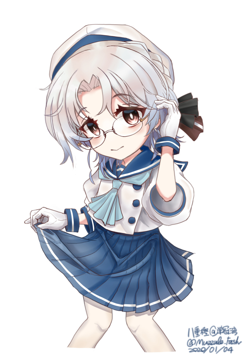 1girl absurdres blue_neckwear blue_sailor_collar blue_skirt blush brown_eyes dated eyebrows_visible_through_hair glasses gloves hat highres hirato_(kantai_collection) kantai_collection long_sleeves looking_at_viewer muzzuleflash pleated_skirt ribbon sailor_collar sailor_hat school_uniform serafuku short_hair silver_hair simple_background skirt smile solo thigh-highs twitter_username white_background white_gloves