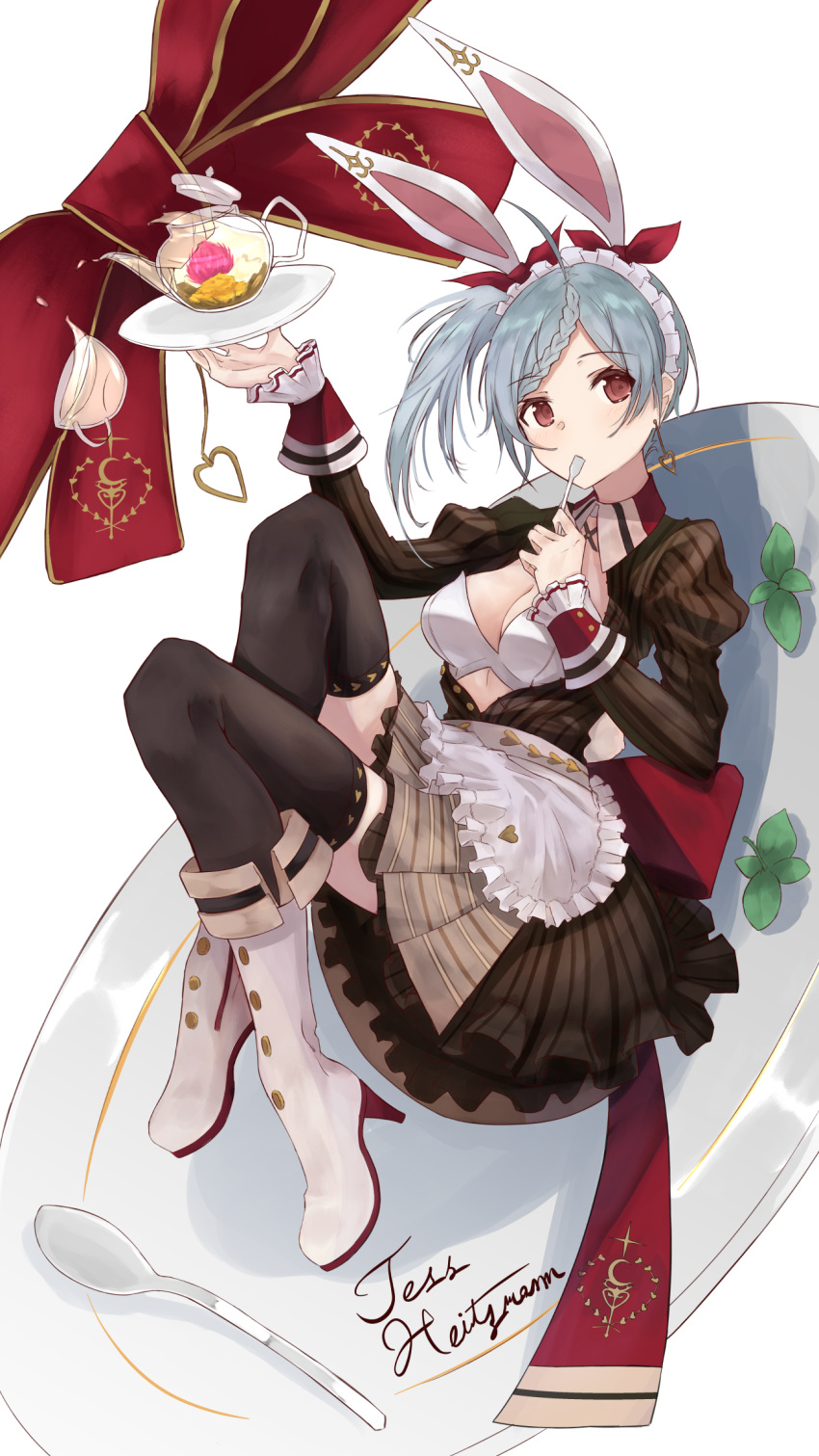 1girl ahoge animal_ears apron atelier_(series) atelier_sophie black_legwear blue_hair boots bow braid breasts brown_eyes brown_skirt character_name cup earrings flower heart heart_earrings high_heels highres jewelry knee_boots maid_headdress medium_breasts plate pleated_skirt qmmparabellum rabbit_ears red_bow side_ponytail signature simple_background single_earring skirt sleeves_past_wrists solo spoon teacup teapot tess_heitzmann thigh-highs tray waist_apron waitress white_apron white_background