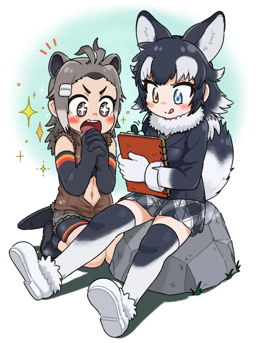 +_+ 2girls :q absurdres american_beaver_(kemono_friends) animal_ears antenna_hair appleq awestruck bangs bare_back beaver_ears beaver_tail bike_shorts black_hair blue_eyes blush bra closed_mouth commentary_request cutoffs drawing elbow_gloves extra_ears full_body fur-trimmed_footwear fur_collar fur_trim gloves grey_hair grey_wolf_(kemono_friends) hair_ornament hairclip hands_up heterochromia highres holding holding_pencil jacket kemono_friends kneeling licking_lips long_hair long_sleeves looking_down miniskirt multicolored_hair multiple_girls navel necktie open_mouth orange_eyes outstretched_legs own_hands_together pencil shoe_soles shoes shorts_under_shorts sidelocks sitting sketchbook skirt sleeveless sleeveless_jacket smile sparkle stomach stone tail thigh-highs tongue tongue_out two-tone_hair underwear upper_teeth v-shaped_eyebrows wolf_ears wolf_girl wolf_tail zettai_ryouiki
