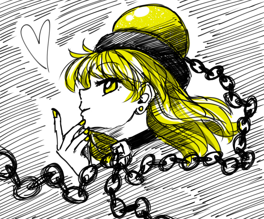 1girl bangs black_choker blonde_hair chain choker commentary_request earrings eyebrows_visible_through_hair from_side hand_up heart hecatia_lapislazuli hecatia_lapislazuli_(moon) highres jewelry long_hair looking_at_viewer nail_polish polos_crown profile smile solo sonosaki_kazebayashi stud_earrings touhou white_background yellow_eyes yellow_nails