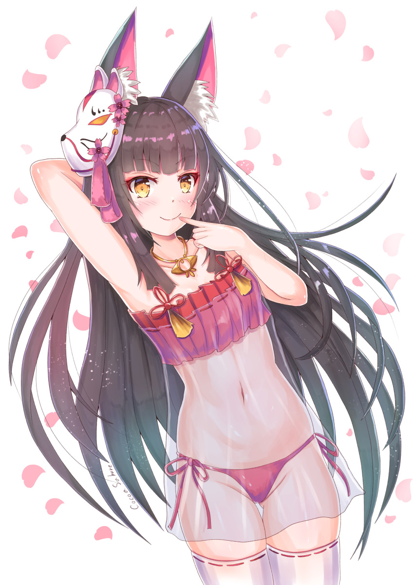 1girl animal_ear_fluff animal_ears arm_behind_head arm_up artist_name azur_lane bare_arms black_hair chemise cocoasabure commentary_request cowboy_shot finger_to_mouth fox_ears fox_mask highres jewelry lingerie long_hair looking_at_viewer mask mask_on_head nagato_(azur_lane) nagato_(great_fox's_sleepwear)_(azur_lane) navel necklace orange_eyes panties petals red_panties see-through side-tie_panties smile solo thigh-highs thigh_gap underwear very_long_hair white_background white_legwear