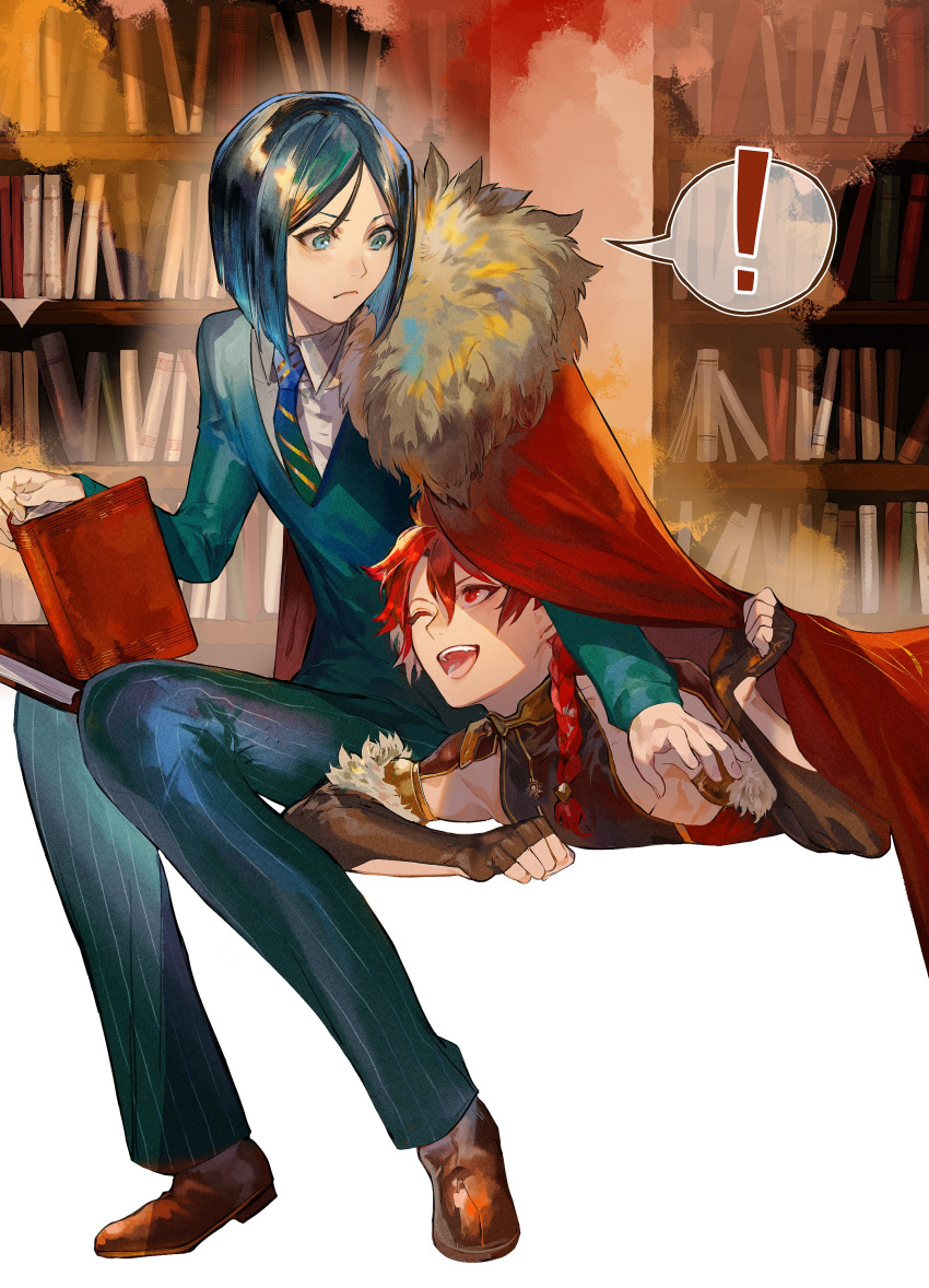 2boys absurdres alexander_(fate/grand_order) black_hair bob_cut book bookshelf braid brown_footwear cape fate_(series) formal fur_trim green_eyes hair_between_eyes highres irorigumi lying multiple_boys necktie on_stomach one_eye_closed red_cape red_eyes smile suit surprised waver_velvet