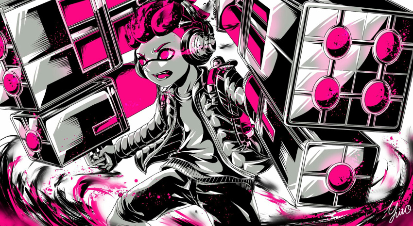 1boy action artist_name aura commentary fangs frown glowing glowing_eyes greyscale hair_slicked_back headphones highres holding holding_weapon ink_tank_(splatoon) inkling jacket looking_to_the_side male_focus monochrome open_clothes open_jacket open_mouth partially_colored pink_eyes pink_hair pink_theme shirt short_hair shorts signature solo splatoon_(series) splatoon_2 standing tenta_missiles_(splatoon) weapon yuito_(yuitokobunasbs0)