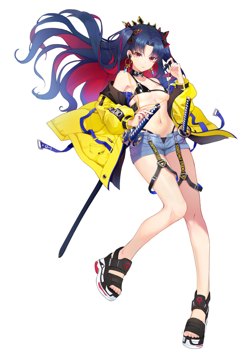 1girl alternate_costume bangs bare_shoulders bikini black_bikini black_bow black_footwear black_hair blush bow breasts choker closed_mouth collarbone denim denim_shorts earphones earphones earrings fate/grand_order fate_(series) full_body hair_bow highres hoop_earrings ishtar_(fate)_(all) jacket jewelry katana legs long_hair long_sleeves looking_at_viewer luobo_(nsnr8754) multicolored_hair navel off_shoulder open_clothes open_jacket parted_bangs red_eyes redhead sandals sheath short_shorts shorts simple_background small_breasts solo space_ishtar_(fate) swimsuit sword tiara two-tone_hair two_side_up weapon white_background yellow_jacket