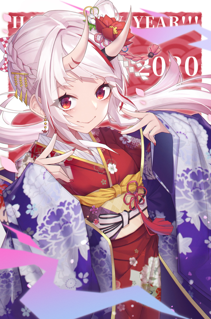 1girl 2020 absurdres bangs blush braid closed_mouth earrings floral_print flower hair_flower hair_ornament haori happy_new_year highres hitokuchii hololive japanese_clothes jewelry long_hair looking_at_viewer multicolored_hair nail_polish nakiri_ayame new_year obi oni oni_horns red_eyes red_flower red_nails redhead sash silver_hair smile solo streaked_hair virtual_youtuber white_flower