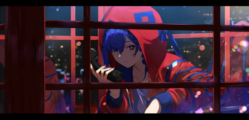 1girl blue_eyes blush city city_lights collarbone corded_phone highres holding holding_phone hood hood_up hooded_jacket indoors isshiki_(ffmania7) jacket kamitsubaki_studio long_sleeves looking_at_viewer multicolored multicolored_eyes multicolored_hair night outdoors phone phone_booth red_eyes red_jacket redhead reflection rime short_hair solo two-tone_hair yellow_eyes