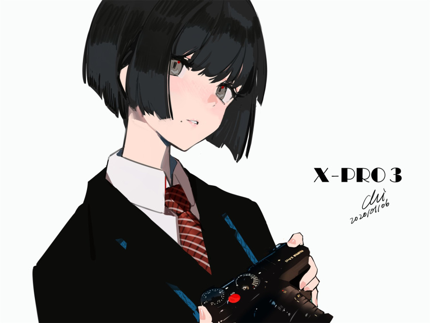 1girl artist_name black_hair bob_cut camera dated formal fujifilm grey_eyes head_tilt highres holding holding_camera looking_at_viewer mole mole_under_mouth necktie original short_hair simple_background solo suit upper_body white_background xiao_chichi