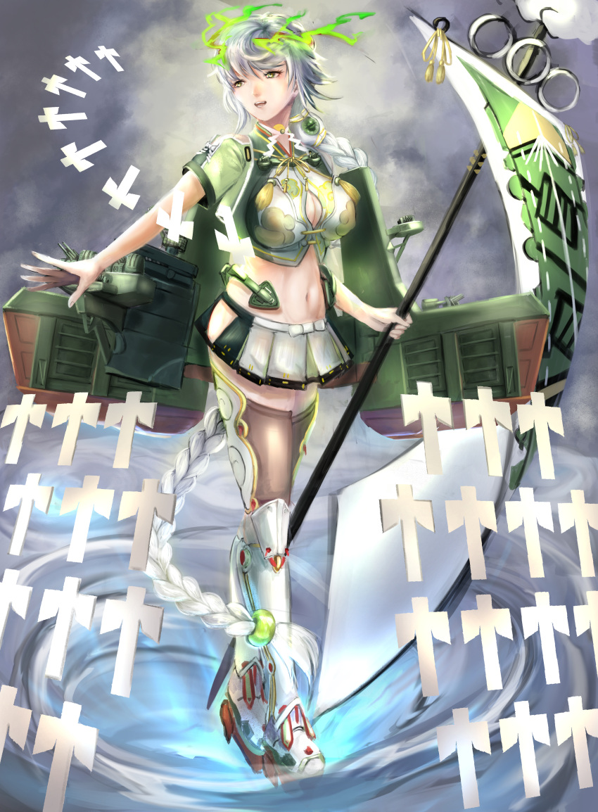 1girl absurdres asymmetrical_hair bangs black_legwear braid breasts brown_eyes cleavage_cutout cloud_print commentary_request crop_top floating floating_object full_body highres hip_vent holding holding_staff kantai_collection kitana_inuo large_breasts long_hair looking_to_the_side machinery microskirt midriff navel onmyouji orb pleated_skirt rigging rudder_footwear scroll shikigami shin_guards short_sleeves silver_hair single_braid skirt solo staff thigh-highs unryuu_(kantai_collection) very_long_hair wavy_hair white_footwear white_skirt zettai_ryouiki