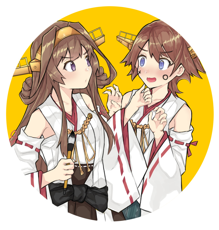 2girls absurdres ahoge blue_eyes brown_hair calligraphy_brush circle commentary_request detached_sleeves dokuganryuu double_bun face_painting flipped_hair green_skirt hairband headgear hiei_(kantai_collection) highres kantai_collection kongou_(kantai_collection) long_hair multiple_girls paintbrush ribbon-trimmed_sleeves ribbon_trim short_hair skirt violet_eyes yellow_background