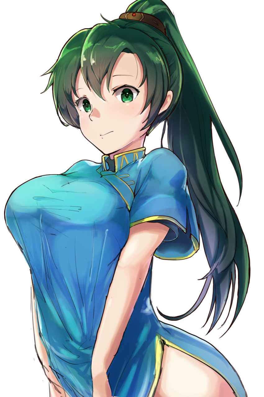 1girl absurdres blue_dress breasts cowboy_shot dress expressionless fire_emblem fire_emblem:_the_blazing_blade green_eyes green_hair highres hirotaka_(hrtk990203) large_breasts long_hair looking_at_viewer lyn_(fire_emblem) ponytail short_sleeves side_slit simple_background sketch solo thighs white_background