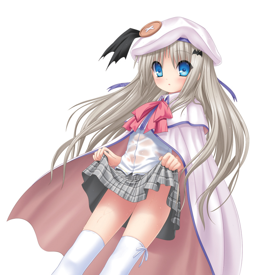 1girl bangs bat_hair_ornament blue_eyes blue_ribbon blush cape capelet dress_shirt eyebrows_visible_through_hair floating_hair grey_skirt hair_between_eyes hair_ornament hat hat_ribbon highres kud_wafter lifted_by_self little_busters!! long_hair looking_at_viewer miniskirt na-ga noumi_kudryavka official_art open_mouth pink_neckwear plaid plaid_skirt pleated_skirt ribbon school_uniform shirt silver_hair simple_background skirt skirt_lift solo standing thigh-highs very_long_hair wet wet_clothes wet_shirt white_background white_cape white_capelet white_headwear white_legwear white_shirt