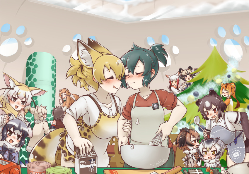 6+girls african_wild_dog_(kemono_friends) alpaca_ears alpaca_suri_(kemono_friends) alternate_costume american_beaver_(kemono_friends) animal_ear_fluff animal_ears apron artist_name baking bear_ears beaver_ears black-tailed_prairie_dog_(kemono_friends) black_hair blonde_hair blush bodystocking bow bowtie brown_bear_(kemono_friends) brown_coat brown_eyes chinese_commentary christmas_tree coat commentary_request common_raccoon_(kemono_friends) couple dog_ears drooling eurasian_eagle_owl_(kemono_friends) extra_eyes eyebrows_visible_through_hair facing_another fang fennec_(kemono_friends) food food_on_face fork fox_ears fur_collar golden_snub-nosed_monkey_(kemono_friends) grey_coat grey_eyes grey_hair hair_between_eyes hair_bun head_wings height_difference high_ponytail highres holding holding_fork holding_knife indoors japanese_crested_ibis_(kemono_friends) kaban_(kemono_friends) kemono_friends knife leaning_forward licking_lips light_brown_hair long_hair long_sleeves looking_at_another lucky_beast_(kemono_friends) medium_hair microskirt miji_doujing_daile monkey_ears multicolored_hair multiple_girls northern_white-faced_owl_(kemono_friends) open_mouth orange_hair owl_ears prairie_dog_ears raccoon_ears redhead scarf serval_(kemono_friends) serval_ears serval_tail shirt short_hair short_over_long_sleeves short_ponytail short_sleeve_sweater short_sleeves sidelocks skirt smile snow sweater tail tongue tongue_out two-tone_hair v-shaped_eyebrows white_hair window winter_clothes yellow_eyes yuri