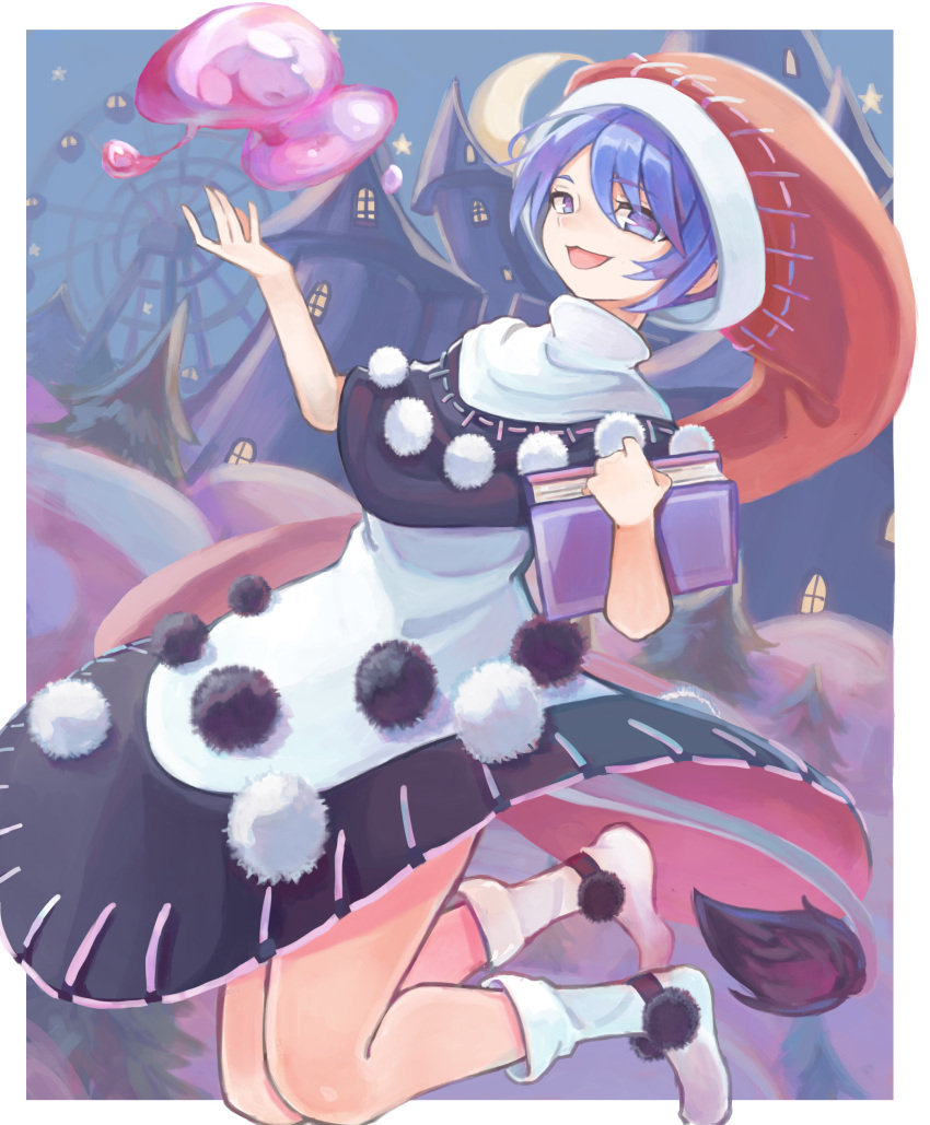 1girl :3 :d absurdres bangs blob blue_eyes blue_hair book border castle commentary_request creeper_(gametime) crescent_moon doremy_sweet dress eyebrows_visible_through_hair ferris_wheel hair_between_eyes hands_up hat highres holding holding_book huge_filesize looking_at_viewer moon nightcap no_shoes open_mouth outside_border pom_pom_(clothes) red_headwear short_hair smile socks solo tail tapir_tail touhou white_border white_dress white_legwear