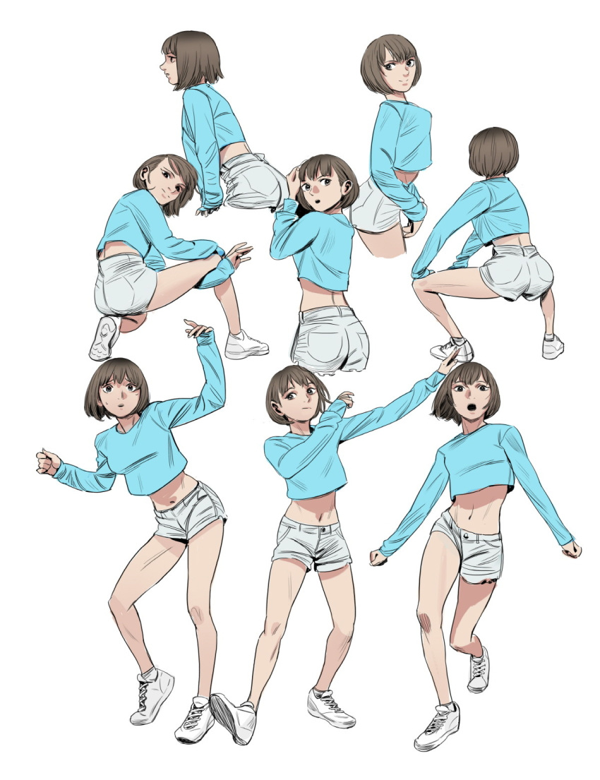 1girl :o arms_up blue_shirt breasts brown_eyes brown_hair highres joongchel_kim long_sleeves looking_at_viewer looking_back medium_breasts midriff multiple_views navel original profile shirt shoes short_hair shorts simple_background sneakers solo stretch sweatdrop white_background white_footwear white_shorts
