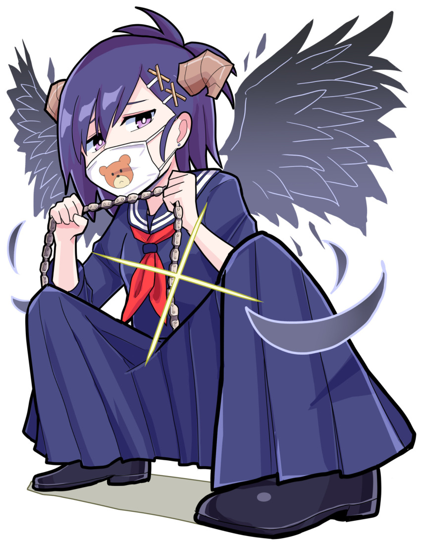 1girl black_footwear black_wings blue_serafuku blue_shirt blue_skirt chain character_print delinquent demon_horns demon_wings earrings feathers full_body furrowed_eyebrows gabriel_dropout glint hair_ornament highres holding_chain horns jewelry long_skirt looking_at_viewer neckerchief pleated_skirt purple_hair shirt shoes skirt solo squatting surgical_mask tenma-gav tsukinose_vignette_april violet_eyes white_background wings x_hair_ornament