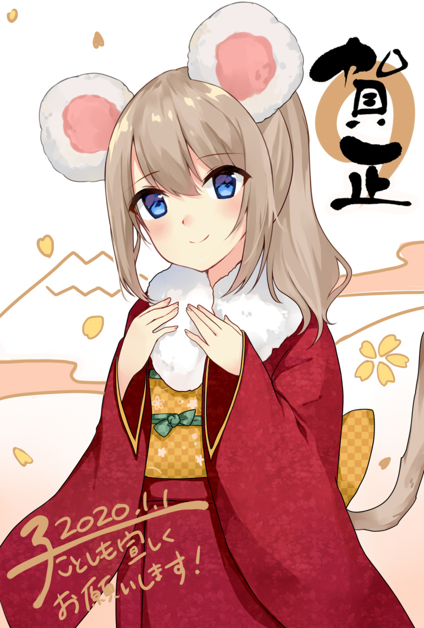 1girl animal_ears bangs blue_eyes blush brown_hair checkered chinese_zodiac closed_mouth commentary_request eyebrows_visible_through_hair fingernails fur_collar hair_between_eyes head_tilt highres japanese_clothes kimono kinatsu_ship long_hair long_sleeves looking_at_viewer mouse_ears mouse_girl mouse_tail obi original petals pink_nails red_kimono sash sleeves_past_wrists smile solo tail translation_request upper_body wide_sleeves year_of_the_rat