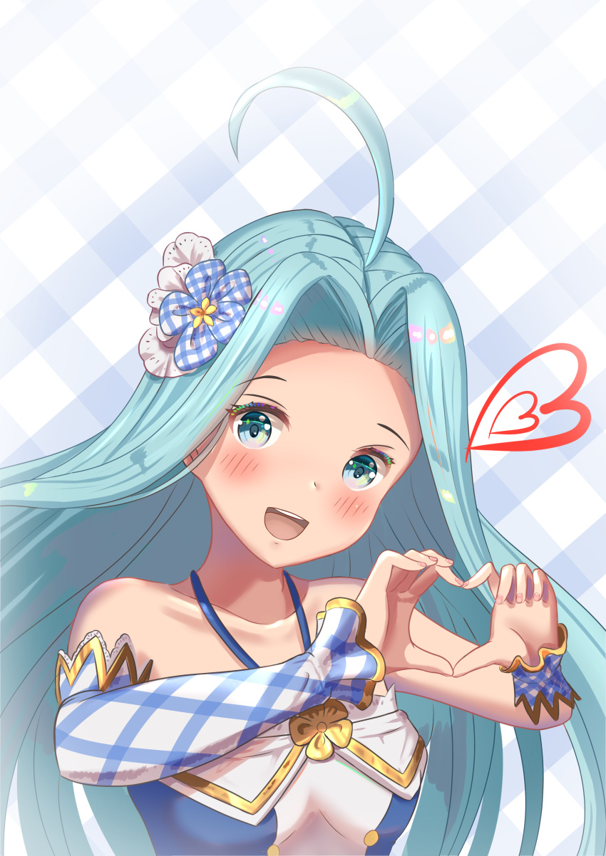 1girl :d absurdres ahoge asymmetrical_sleeves blue_eyes blue_hair blush breasts collarbone detached_sleeves granblue_fantasy hair_intakes halterneck head_tilt heart heart_hands highres long_hair long_sleeves looking_at_viewer lyria_(granblue_fantasy) nail_polish open_mouth pink_nails plaid plaid_background single_sleeve small_breasts smile solo upper_body very_long_hair wander00317_(akihirotanisi)