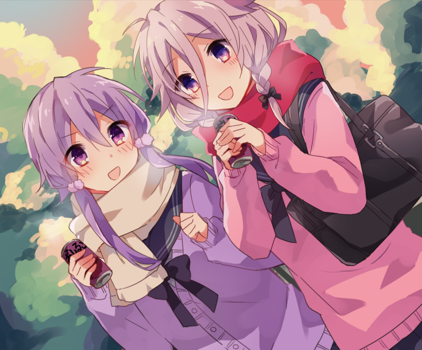 2girls :d bag bangs black_bow black_sailor_collar blush bow braid can cardigan commentary_request dutch_angle eyebrows_visible_through_hair grey_hair hair_between_eyes hair_bow hair_ornament highres holding holding_can ia_(vocaloid) long_hair long_sleeves multiple_girls open_mouth outdoors pink_sweater purple_cardigan purple_hair sailor_collar school_bag school_uniform serafuku sleeves_past_wrists smile sweater twin_braids twintails violet_eyes vocaloid voiceroid yuruno yuzuki_yukari