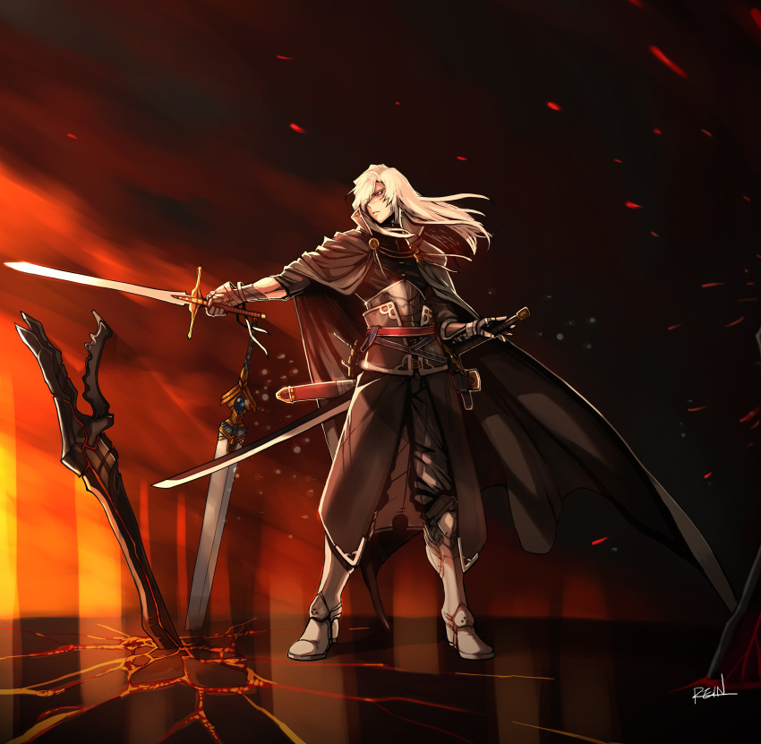 1boy absurdres armor black_cape cape copyright_request cracked cracked_floor dagger embers eyebrows_visible_through_hair gauntlets greaves hair_over_one_eye highres holding holding_sword holding_weapon katana long_hair original parted_lips red_eyes rein00 scabbard sheath sheathed signature solo standing sword weapon white_hair